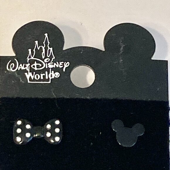 Vintage Disney Mickey Minnie Mouse Earrings Ears Bow Dots Icon Black Disneyana - Picture 2 of 7